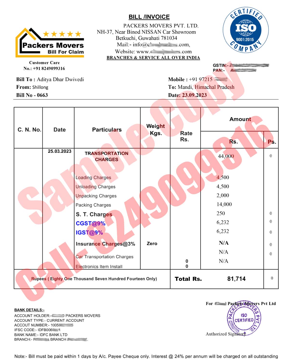 Bill or Invoice of Packers and Movers Bill for Claim