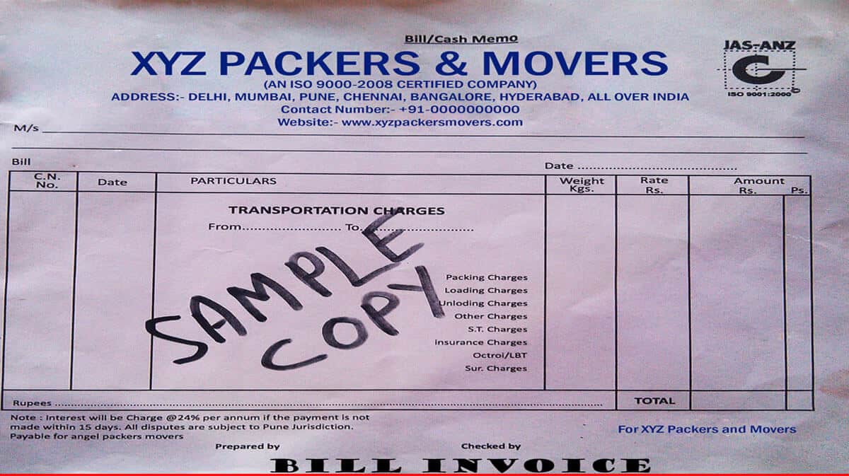Sample copy of packers movers bill or Invoice