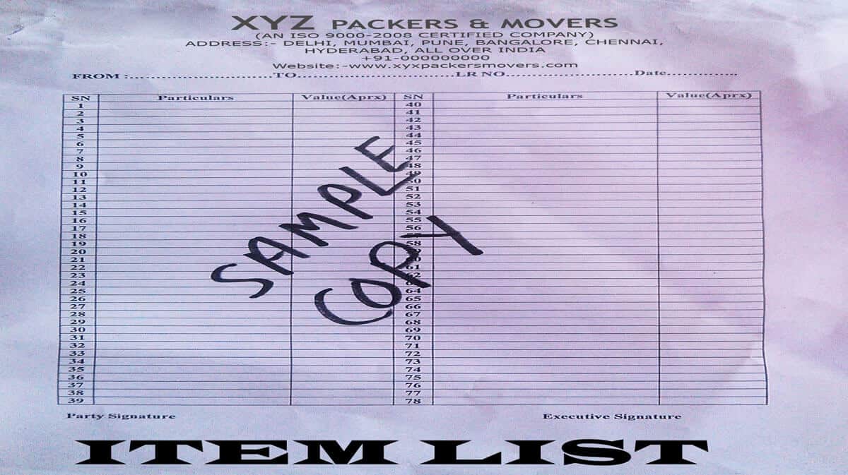 Sample copy of packers movers item list