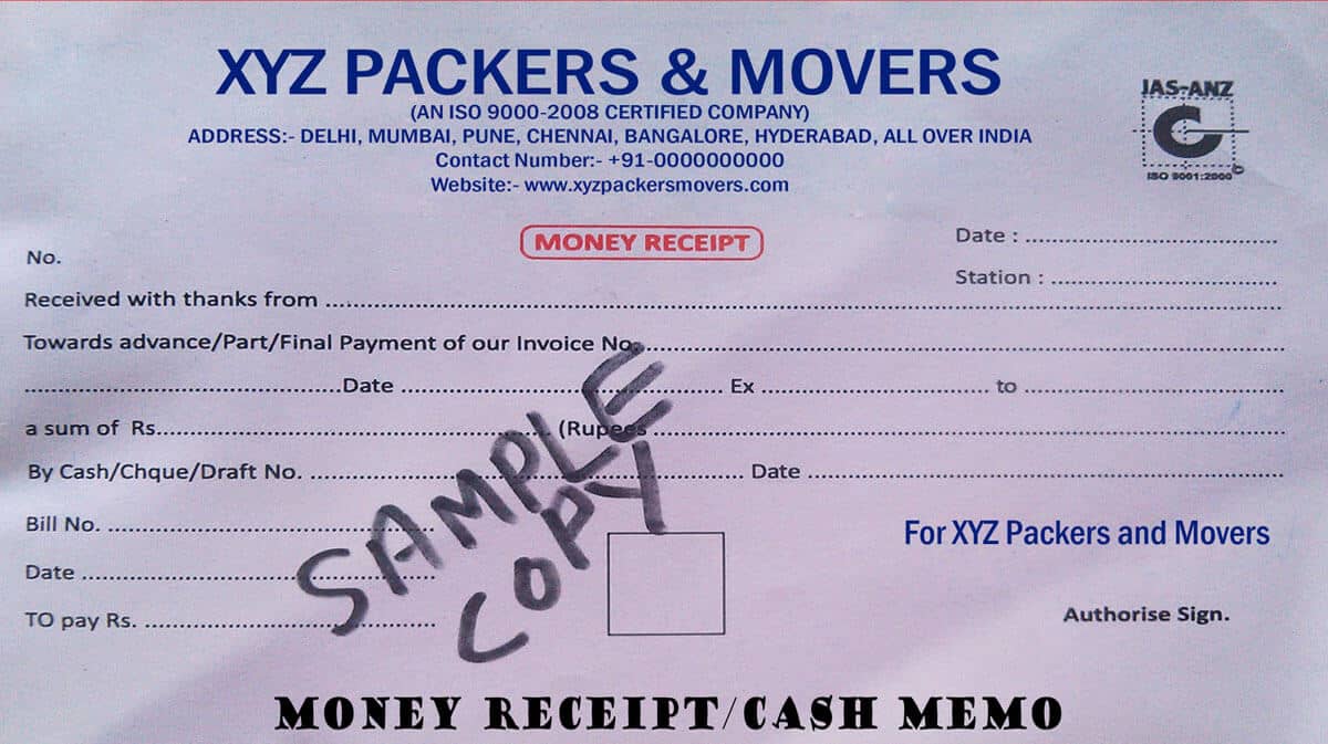 Sample copy of packers movers cash memo