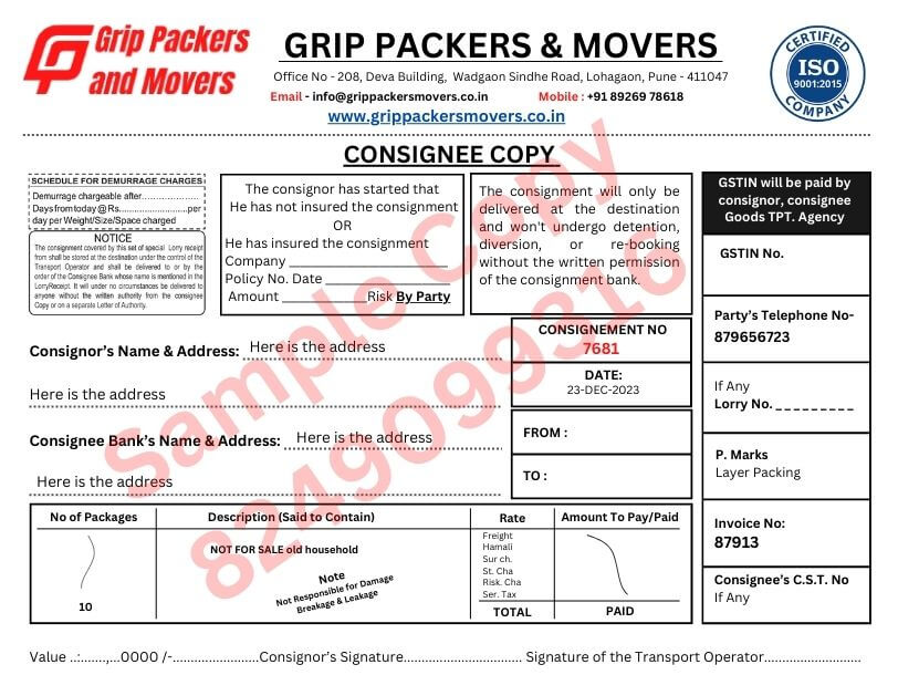 First Smaple copy of packers and movers bilty