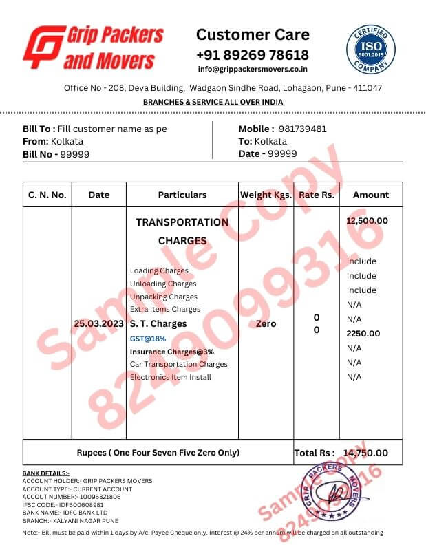 First Smaple copy of packers and movers Bill or Invoice
