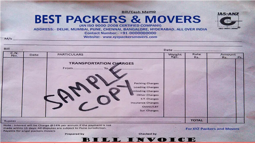 Third Smaple copy of packers and movers Bill or Invoice