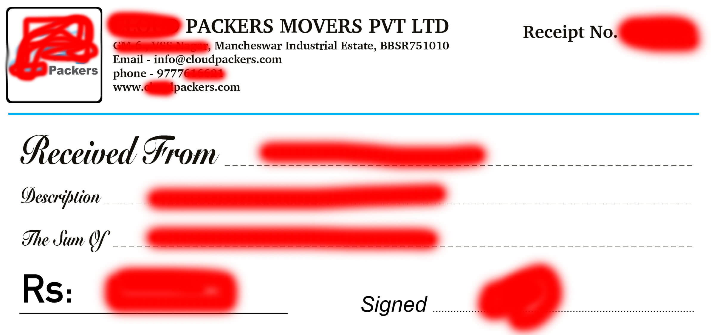 Smaple copy of packers and movers Cash Memo or Money Recipt