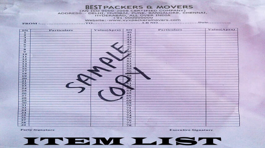 Second Smaple copy of packers and movers Item List