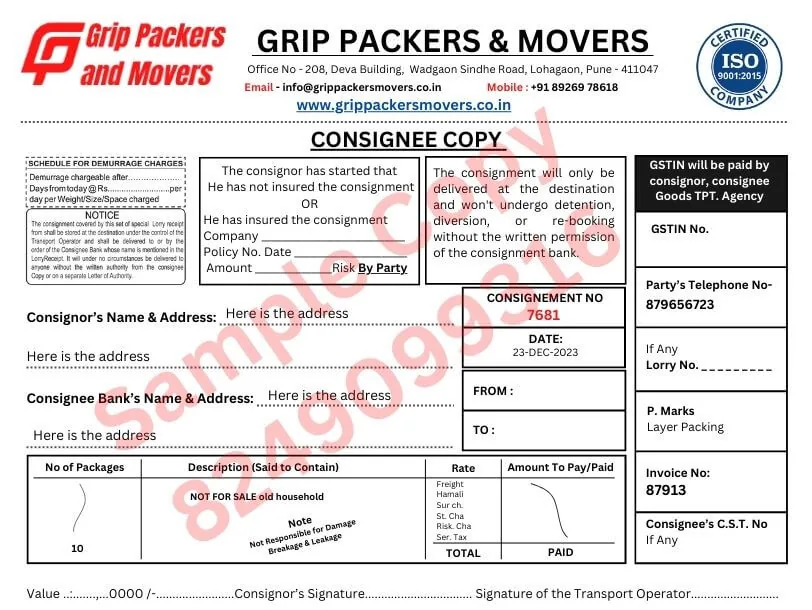 Consignee Copy (Bilty) sample - Packers and Movers Bill for Claim