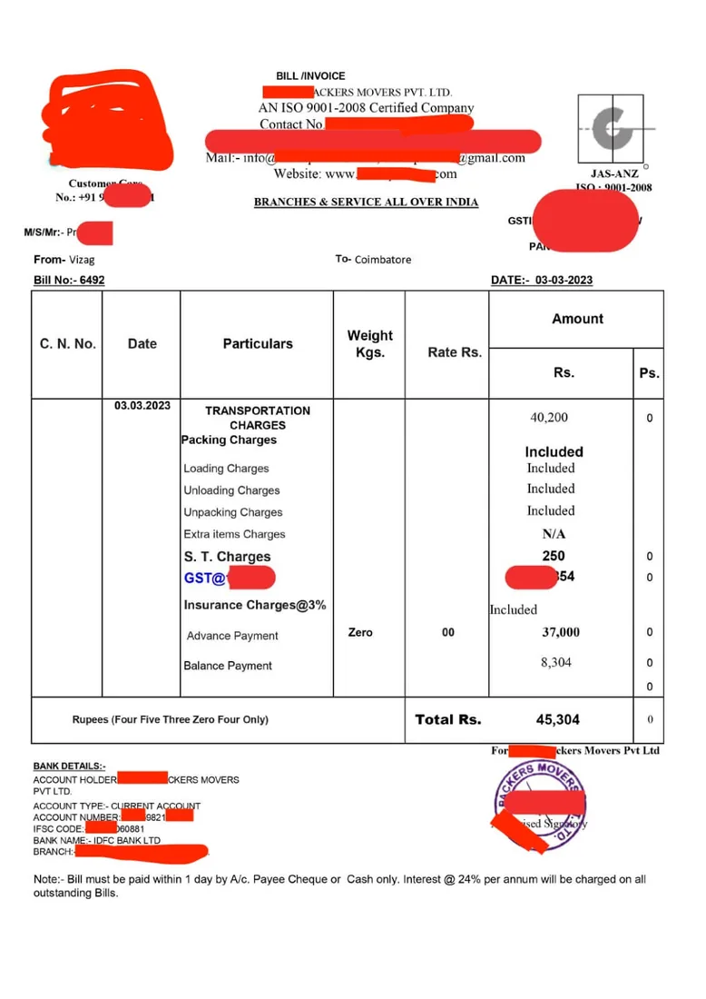 Detailed GST tax invoice sample - Packers and Movers Bill for Claim