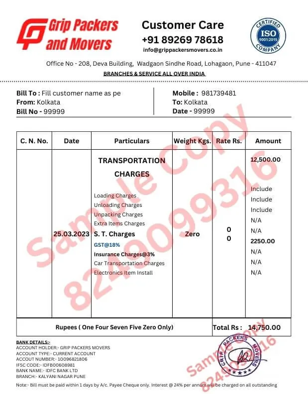 Bill / Invoice Copy sample - Packers and Movers Bill for Claim