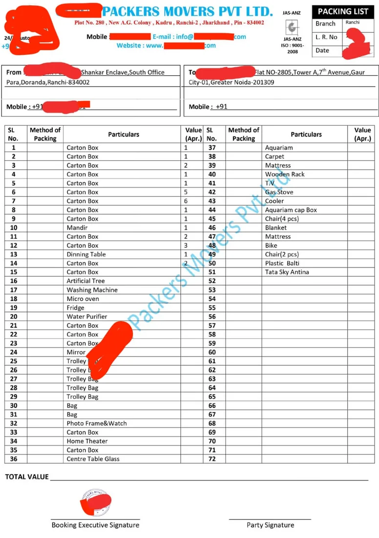 Item List / Goods Details sample - Packers and Movers Bill for Claim