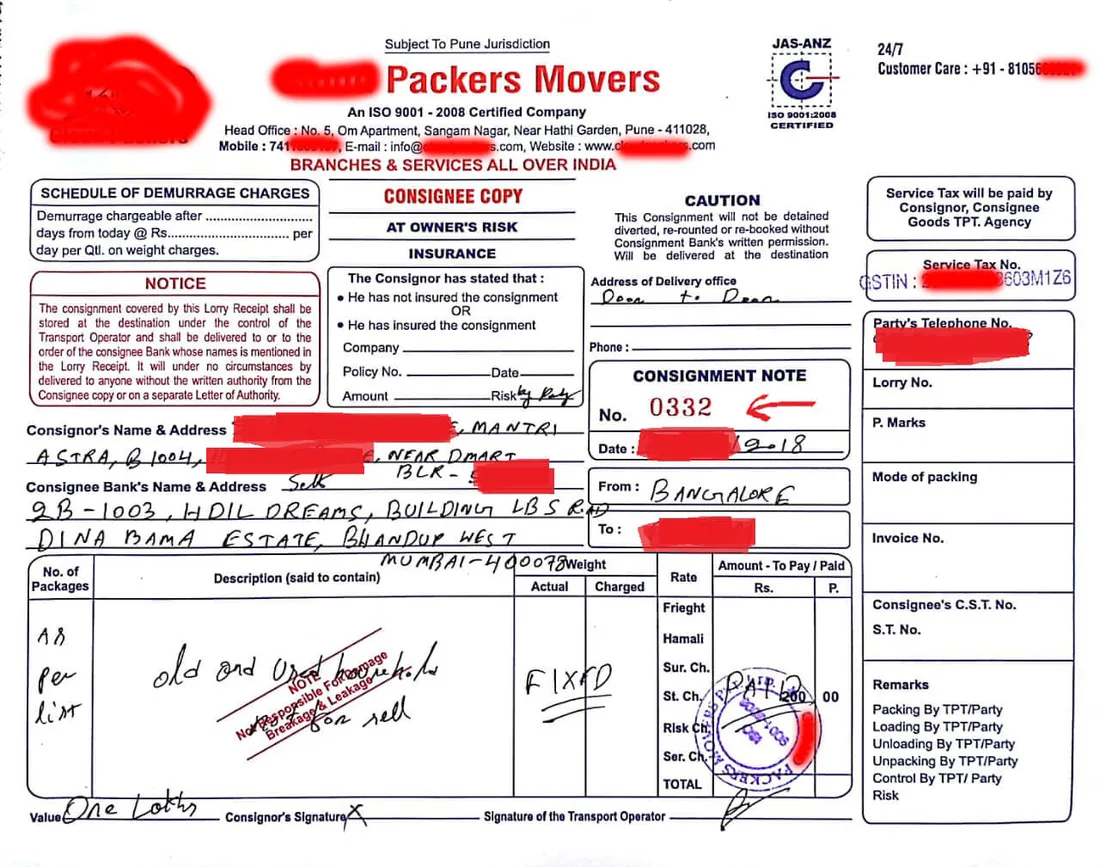 LR Copy (Lorry Receipt) sample - Packers and Movers Bill for Claim