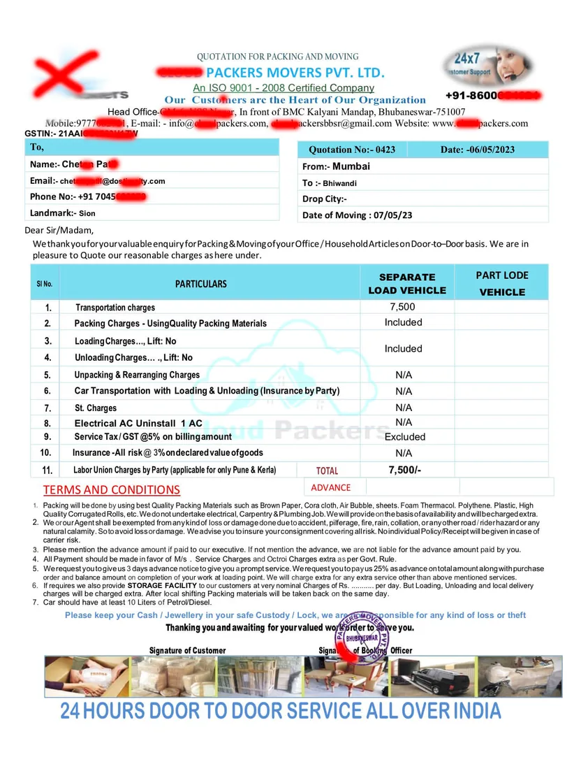 Quotation Copy sample - Packers and Movers Bill for Claim