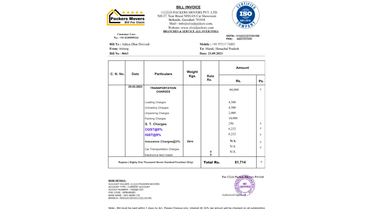 Sample copy of packers movers bill or Invoice
