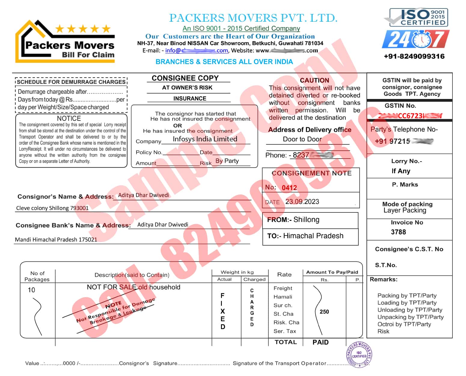Consignee copy of Packers and Movers Bill for Claim