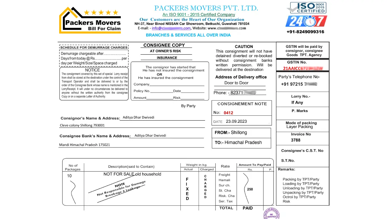 Sample copy of packers movers LR copy or Bilty