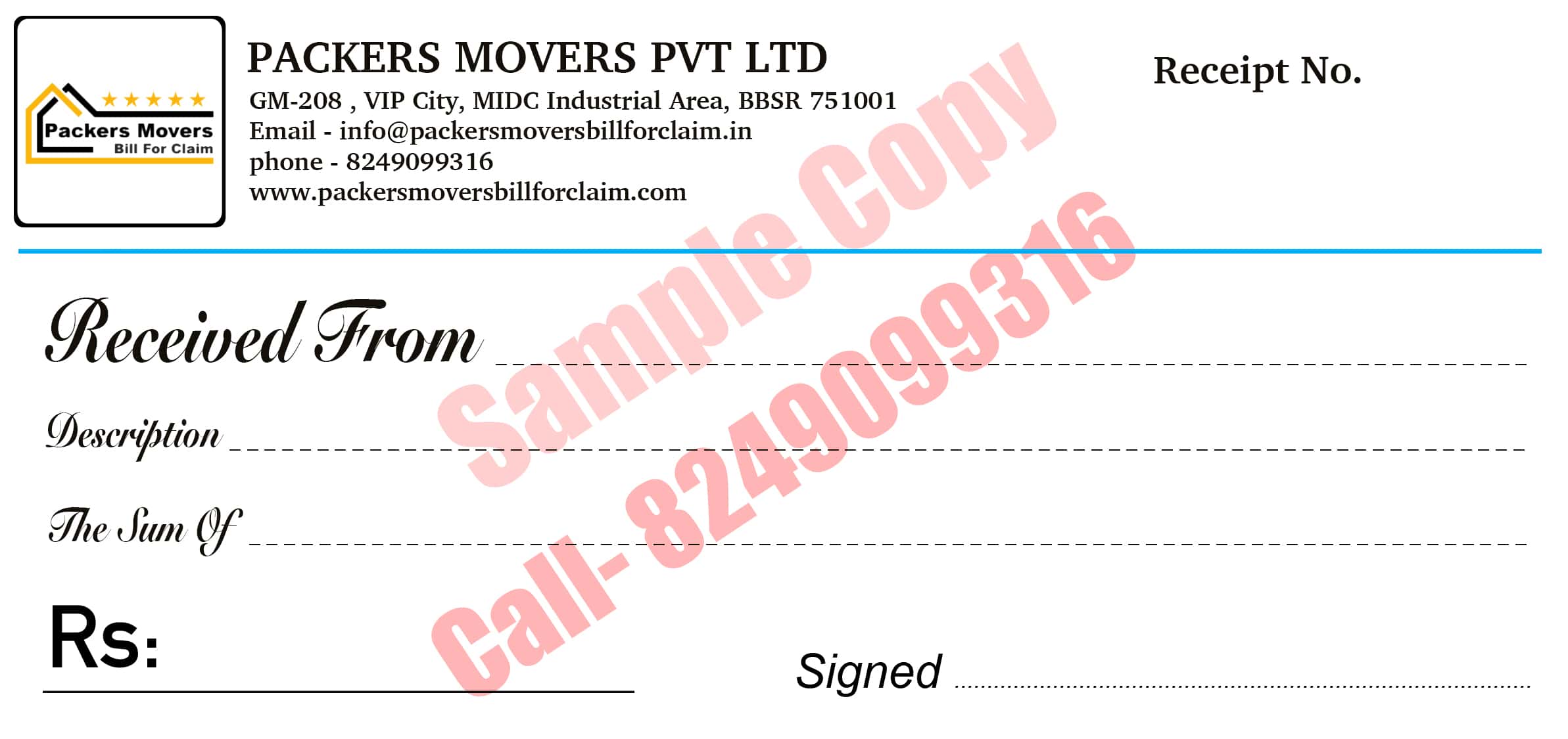 Cash Memo or cash Receipt of Packers and Movers Bill for Claim