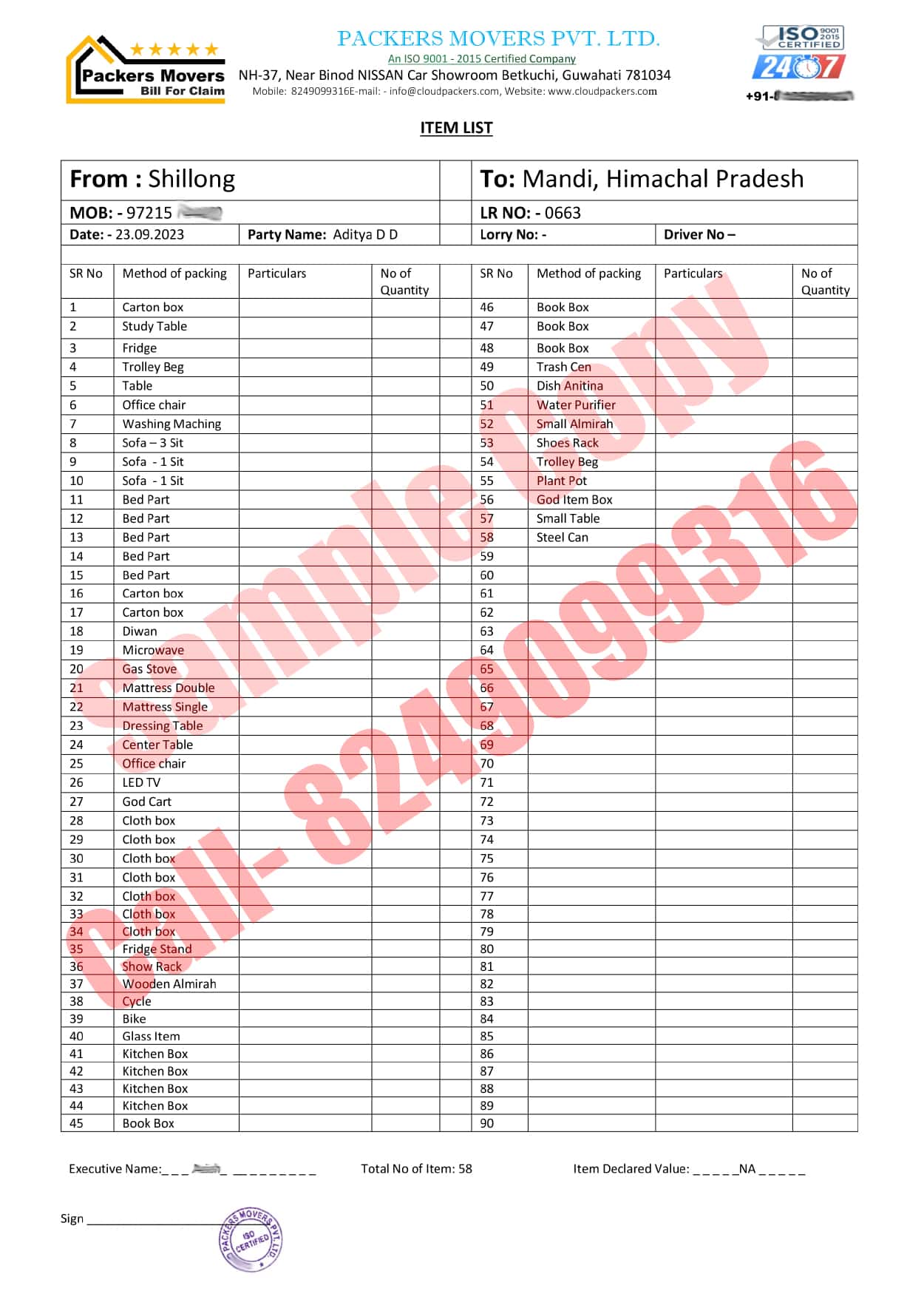 Item list of Packers and Movers Bill for Claim