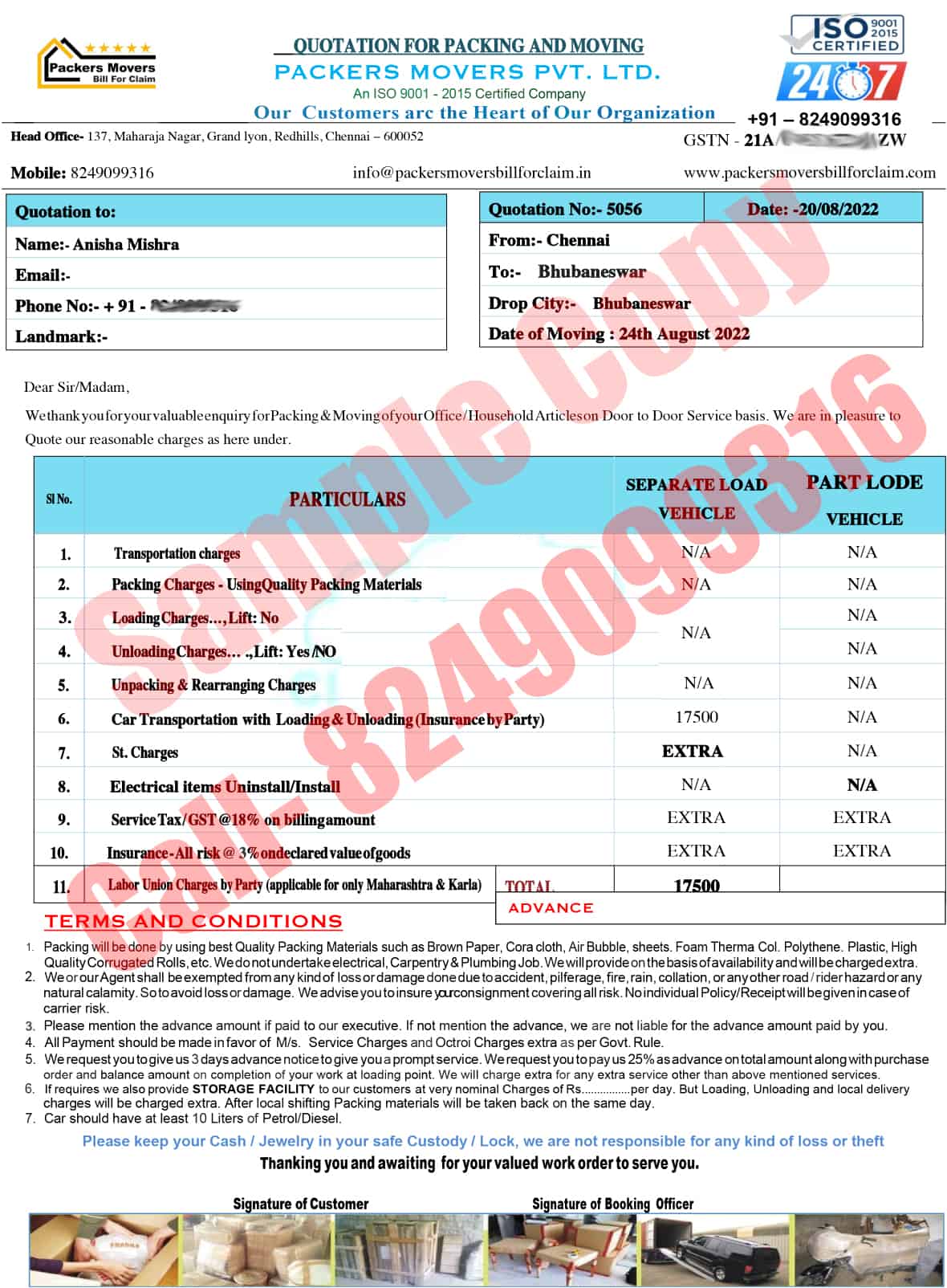 Consignee copy of Packers and Movers Bill for Claim